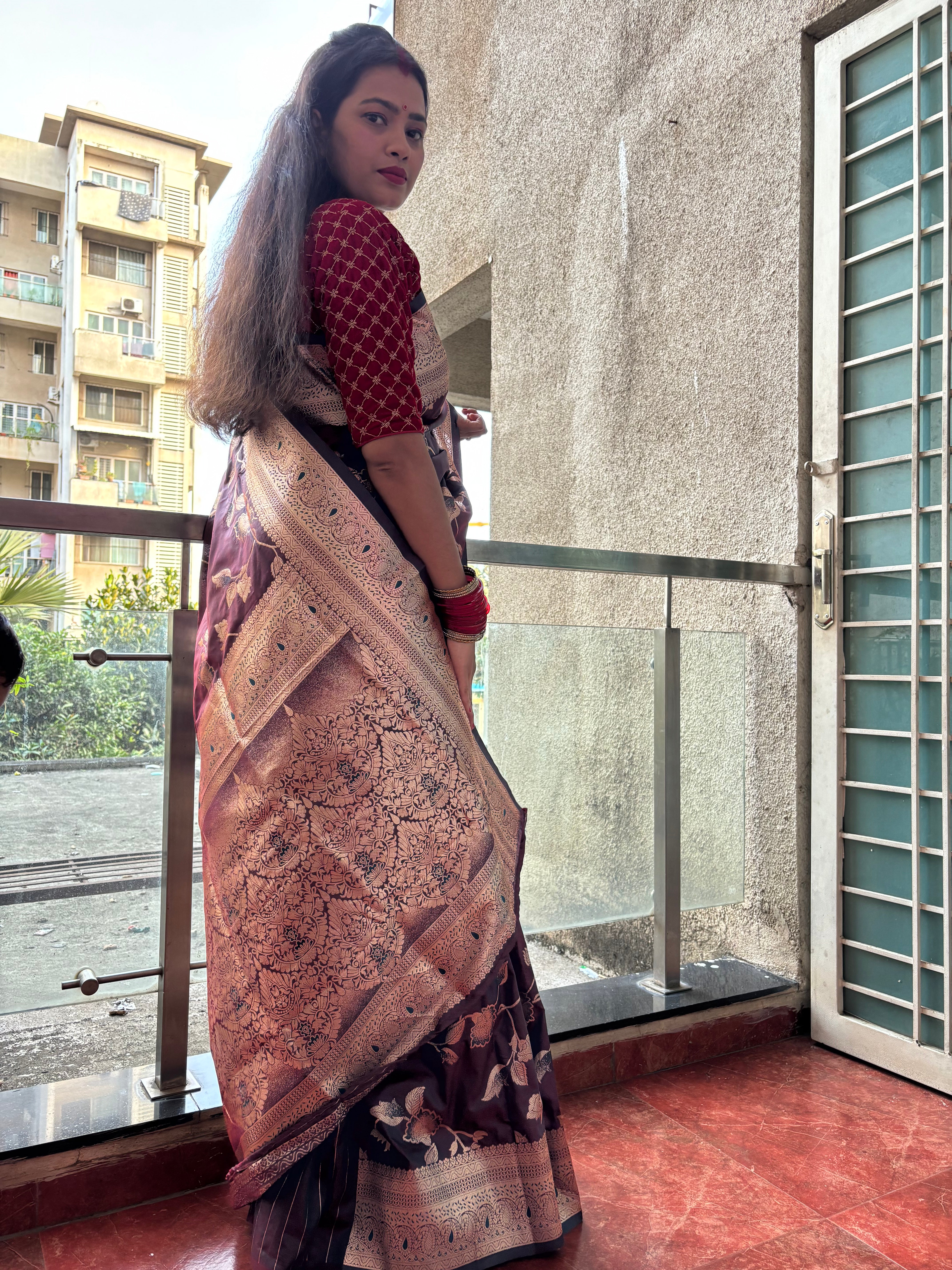 Majestic Maroon Banarasi Silk Saree with Golden Floral Weave